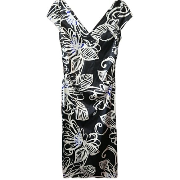 Maggie London Black White Seaside Floral Midi V-Neck Dress 12 Semi-Formal Spring - Picture 1 of 13